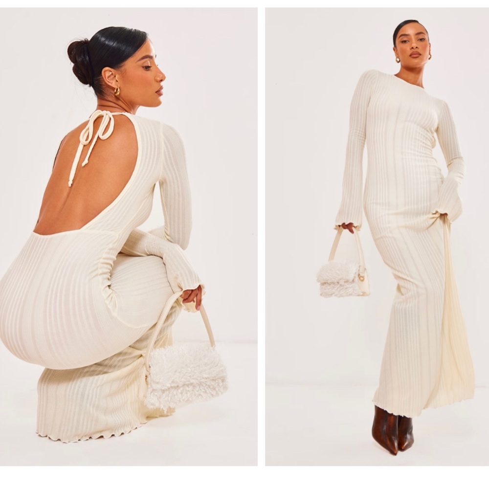 Cream Rib Low Back Maxi Dress - PRETTY LITTLE THING